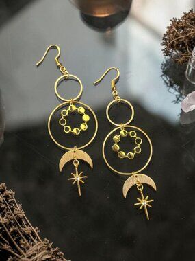 Cosmic Moon Phases Dangle Earrings with Stars and Crescent Moon Ethereal